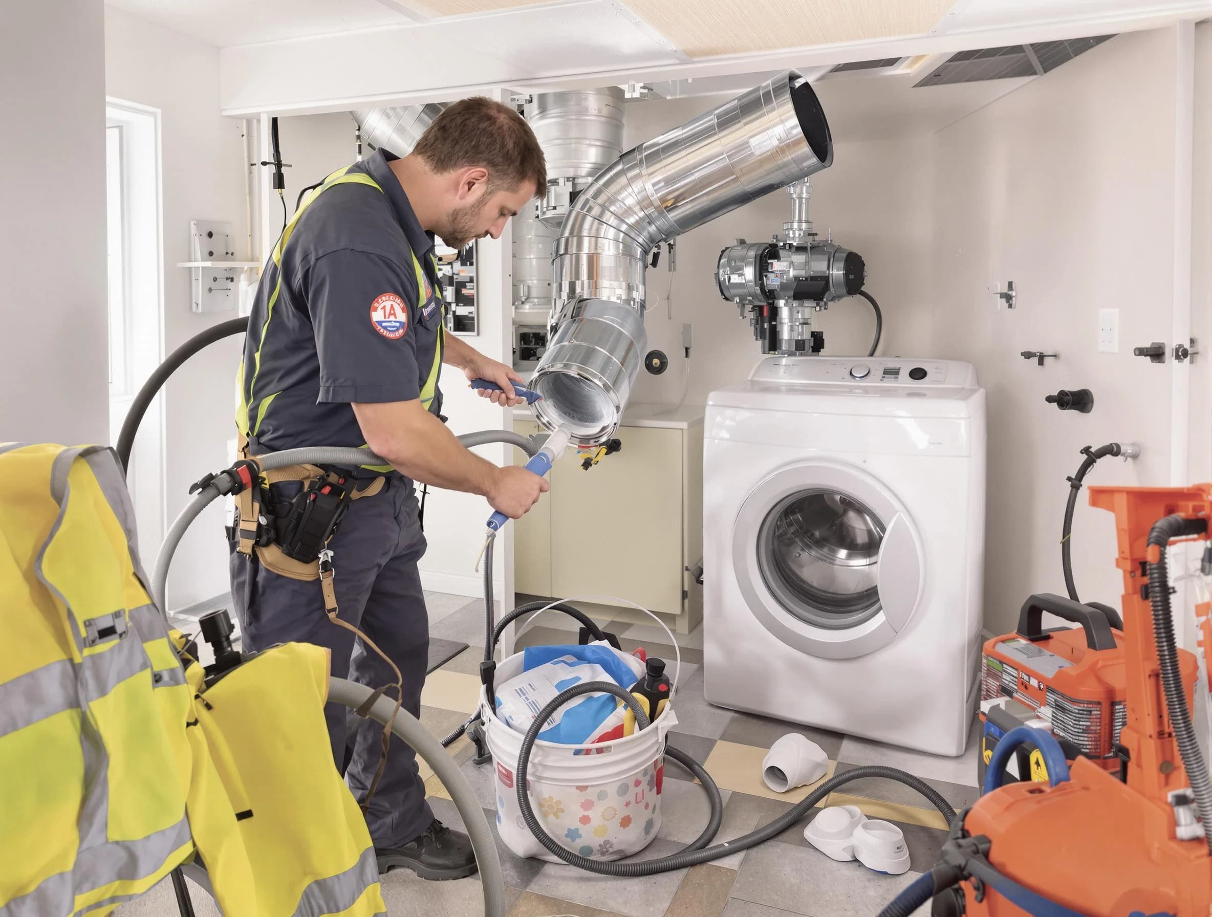 Fontana Dryer Vent Cleaning technician using specialized equipment to clear severe dryer vent blockage in Fontana